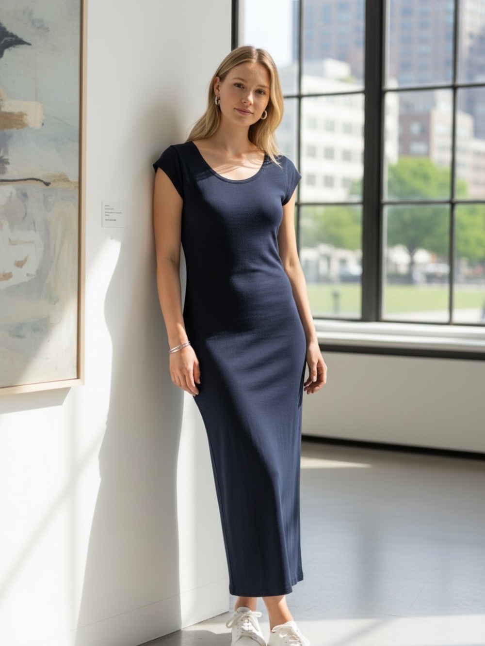 Club Monaco Dress Women’s XS Navy Blue Knitted Scoop Neck Fitted Maxi Dress